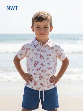 Me & Henry Ocean Life Short Sleeve Polo - Lobsters, Crabs, Seashells, size 5/6Y